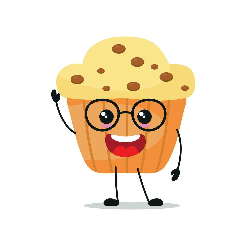 Cute happy muffin wear eyeglasses character. Smiling and greet cupcake cartoon emoticon in flat style. bakery emoji vector illustration