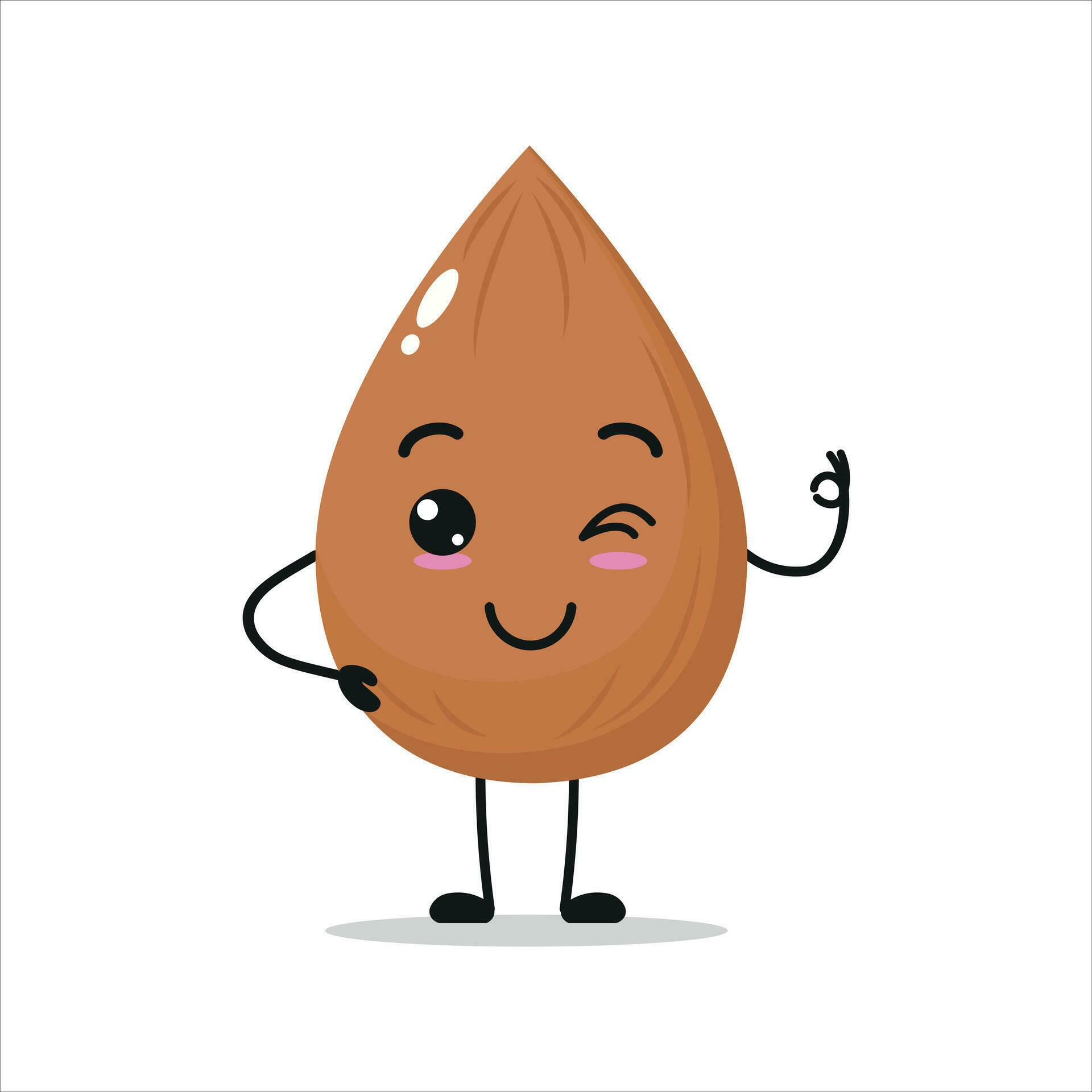 Cute happy almond character. Funny smiling and blink almond cartoon