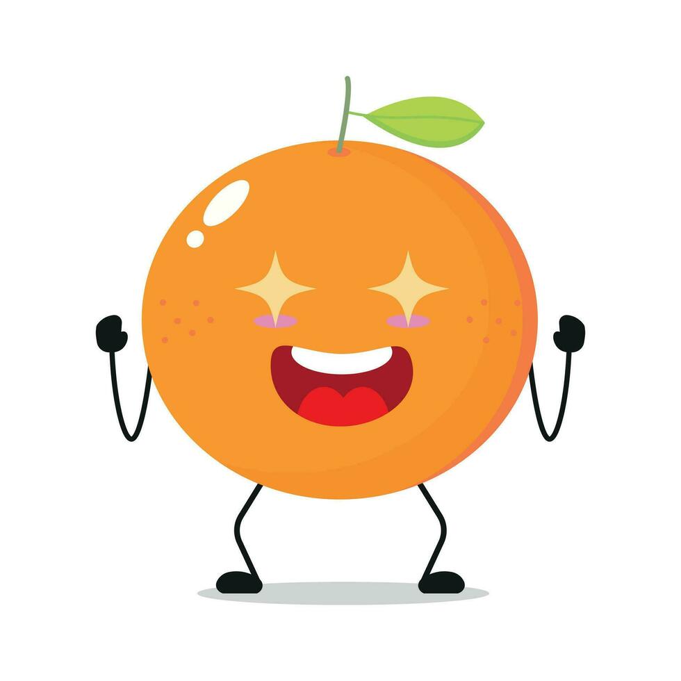 Cute excited orange character. Funny electrifying orange cartoon emoticon in flat style. Fruit emoji vector illustration