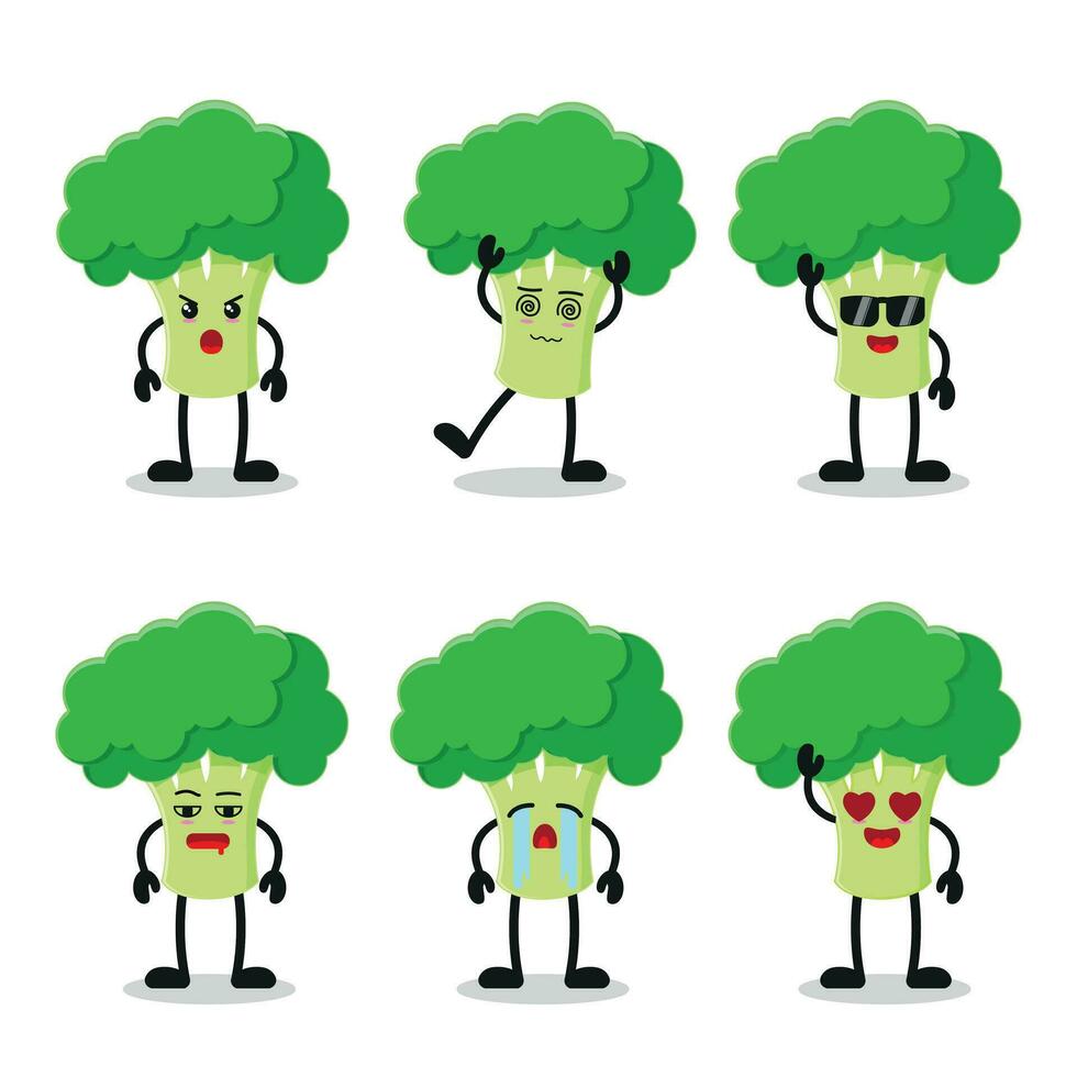 cute broccoli vegetable cartoon character vector icon illustration food with various activity face expression