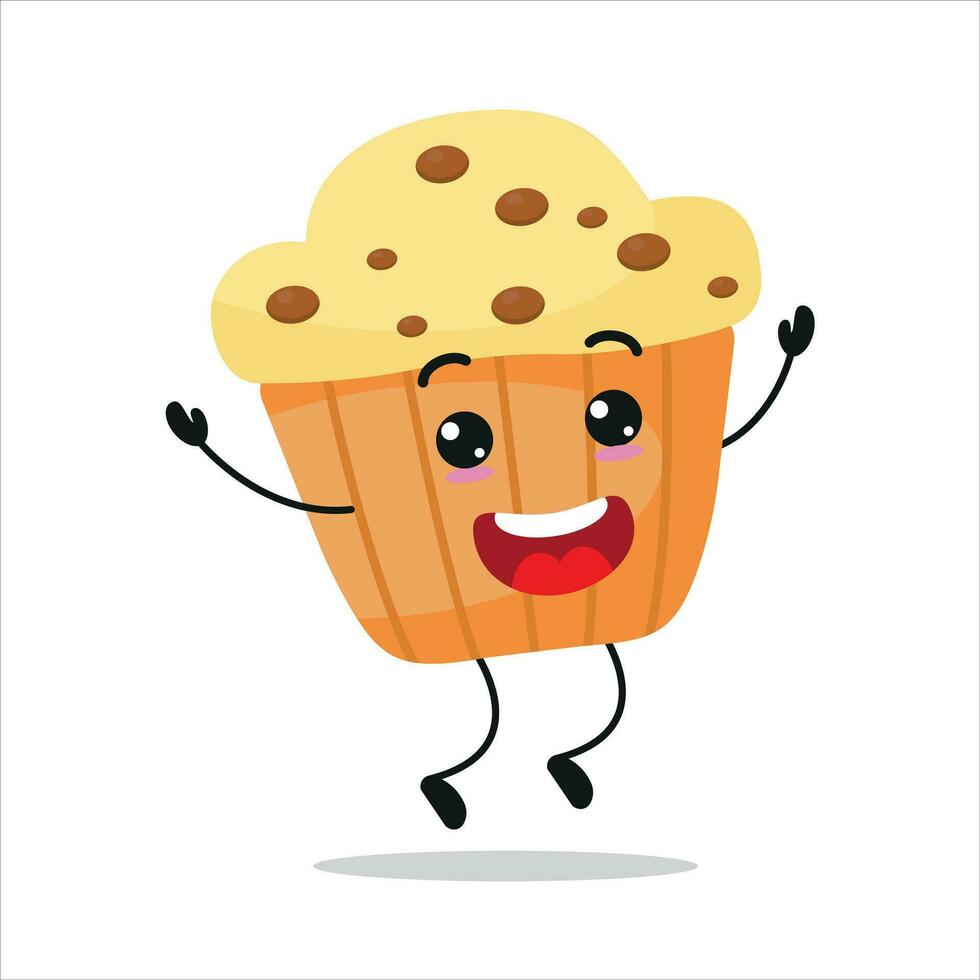 Cute happy muffin character. Funny celebration jump cupcake cartoon emoticon in flat style. bakery emoji vector illustration