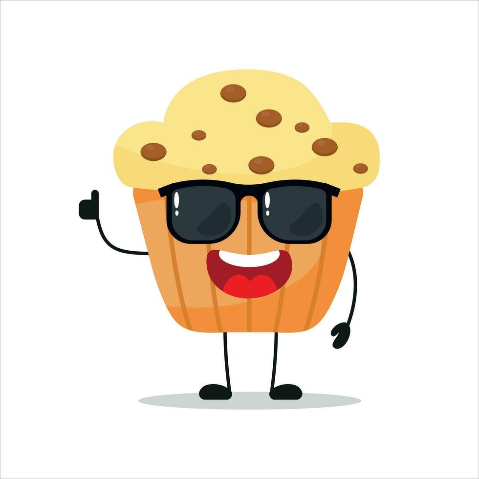 Cute happy muffin character wear sunglasses. Funny cupcake greet friend cartoon emoticon in flat style. bakery emoji vector illustration