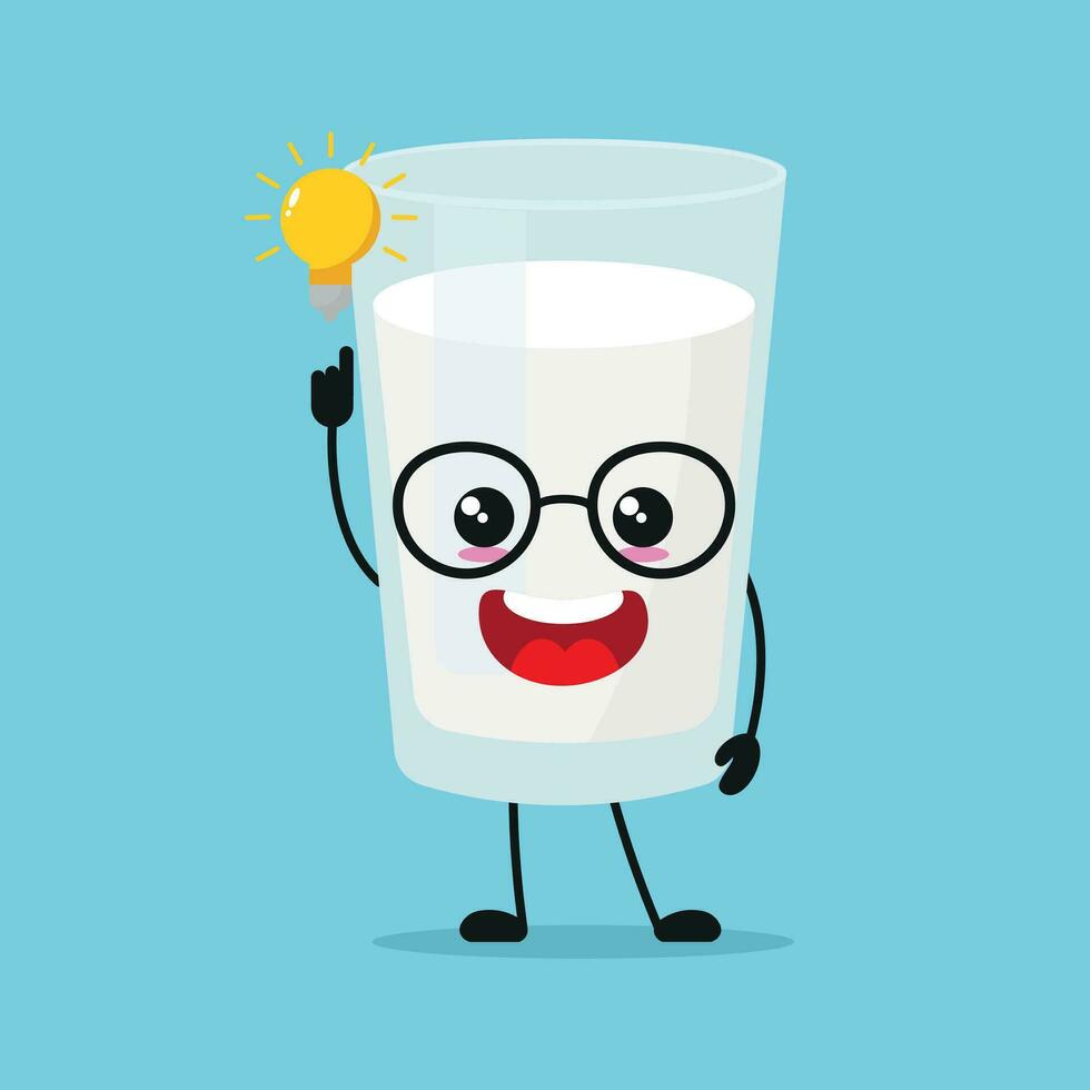 Cute smart milk glass character. Funny milk got inspiration idea cartoon emoticon in flat style. dairy emoji vector illustration