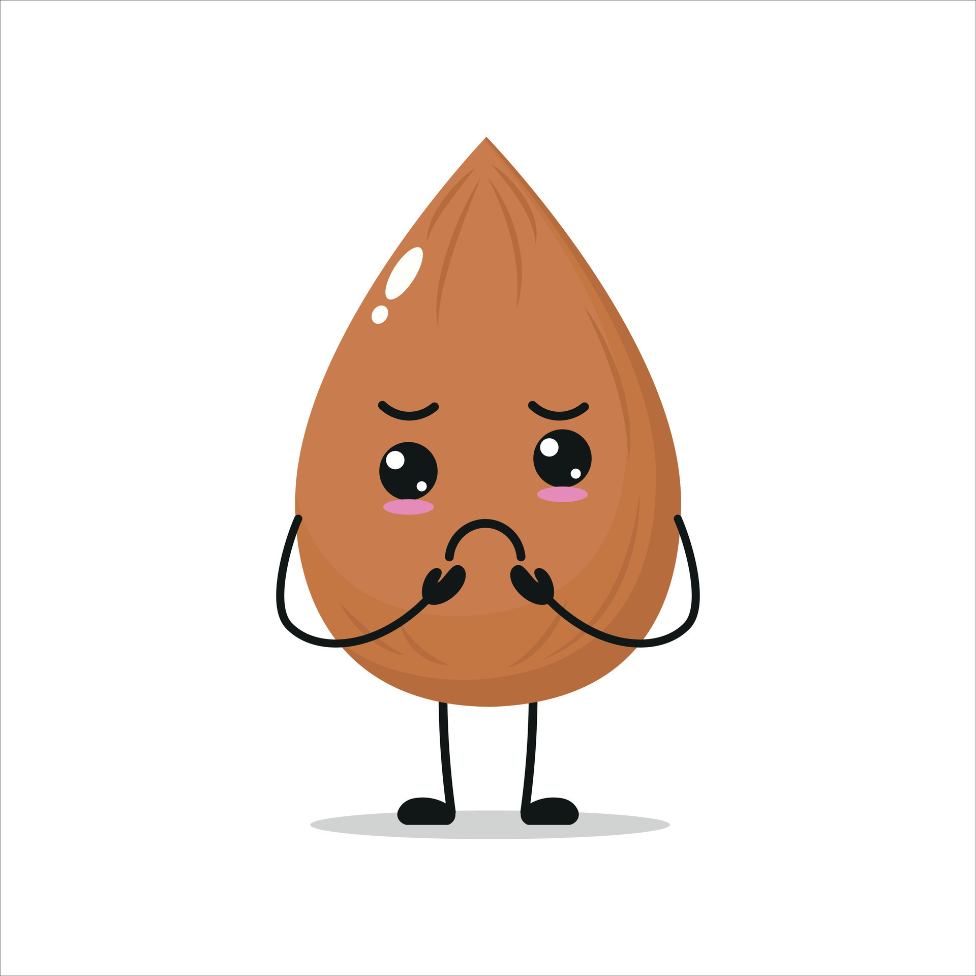 Cute gloomy almond character. Funny sad almond cartoon emoticon in flat
