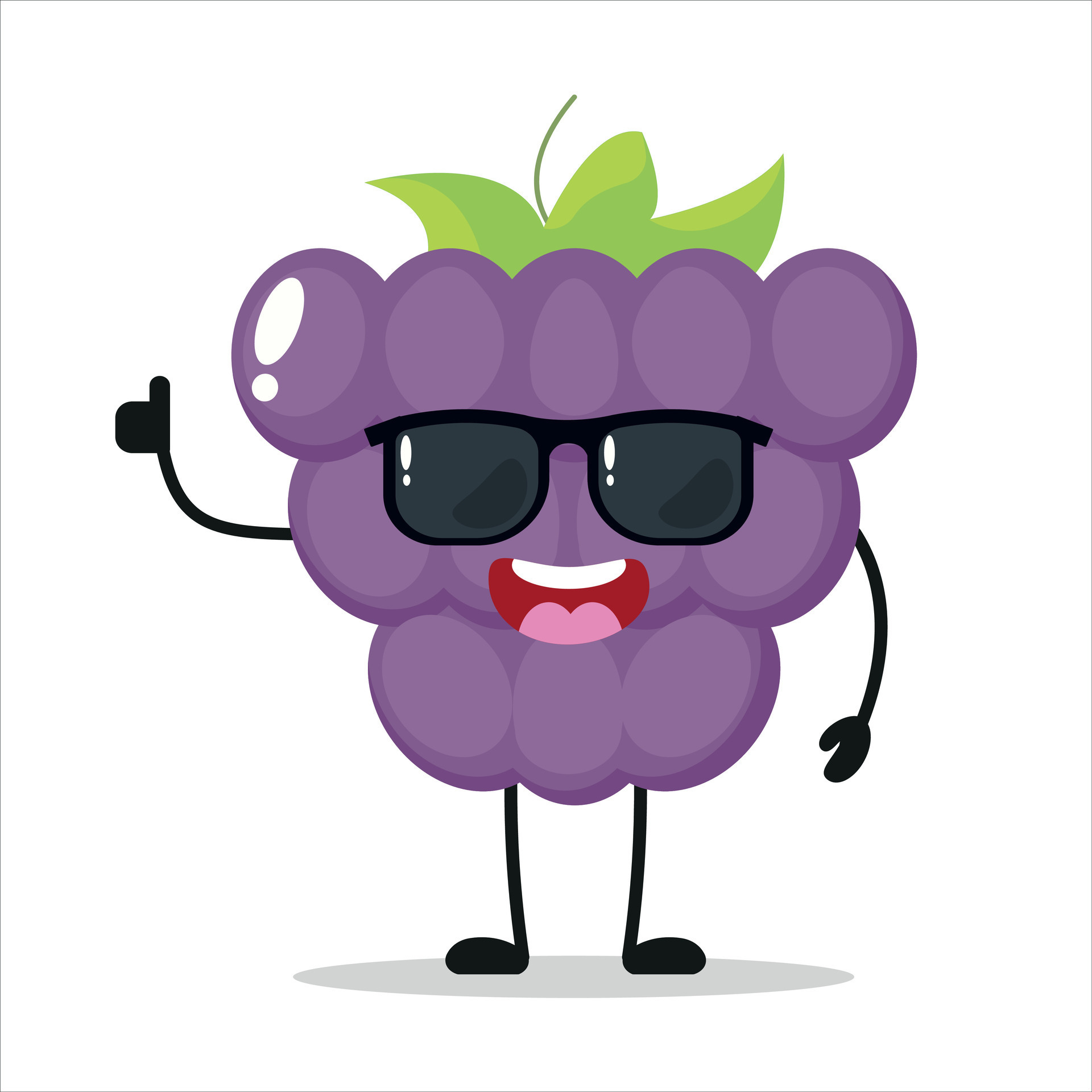 Cute happy grape character wear sunglasses. Funny grape greet friend