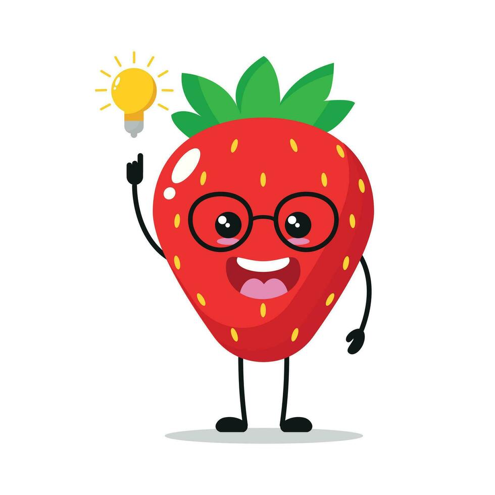 Cute smart strawberry character. Funny strawberry got inspiration idea cartoon emoticon in flat style. Fruit emoji vector illustration