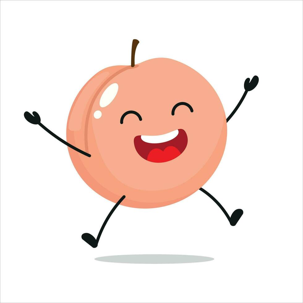 Cute happy peach character. Funny jump peach cartoon emoticon in flat style. Fruit emoji vector illustration