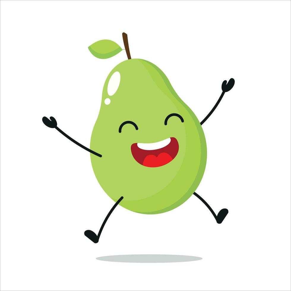 Cute happy pears character. Funny jump pears cartoon emoticon in flat style. Fruit emoji vector illustration