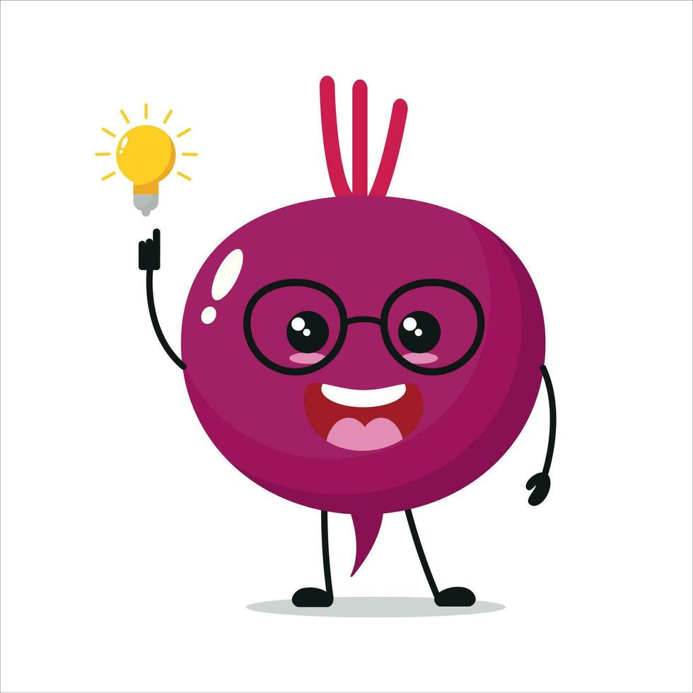 Cute smart beet character. Funny beet got inspiration idea cartoon emoticon in flat style. vegetable emoji vector illustration