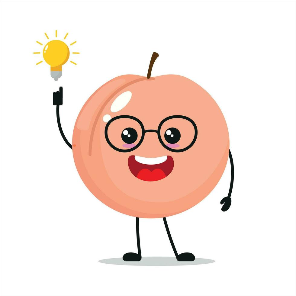 Cute smart peach character. Funny peach got inspiration idea cartoon emoticon in flat style. Fruit emoji vector illustration