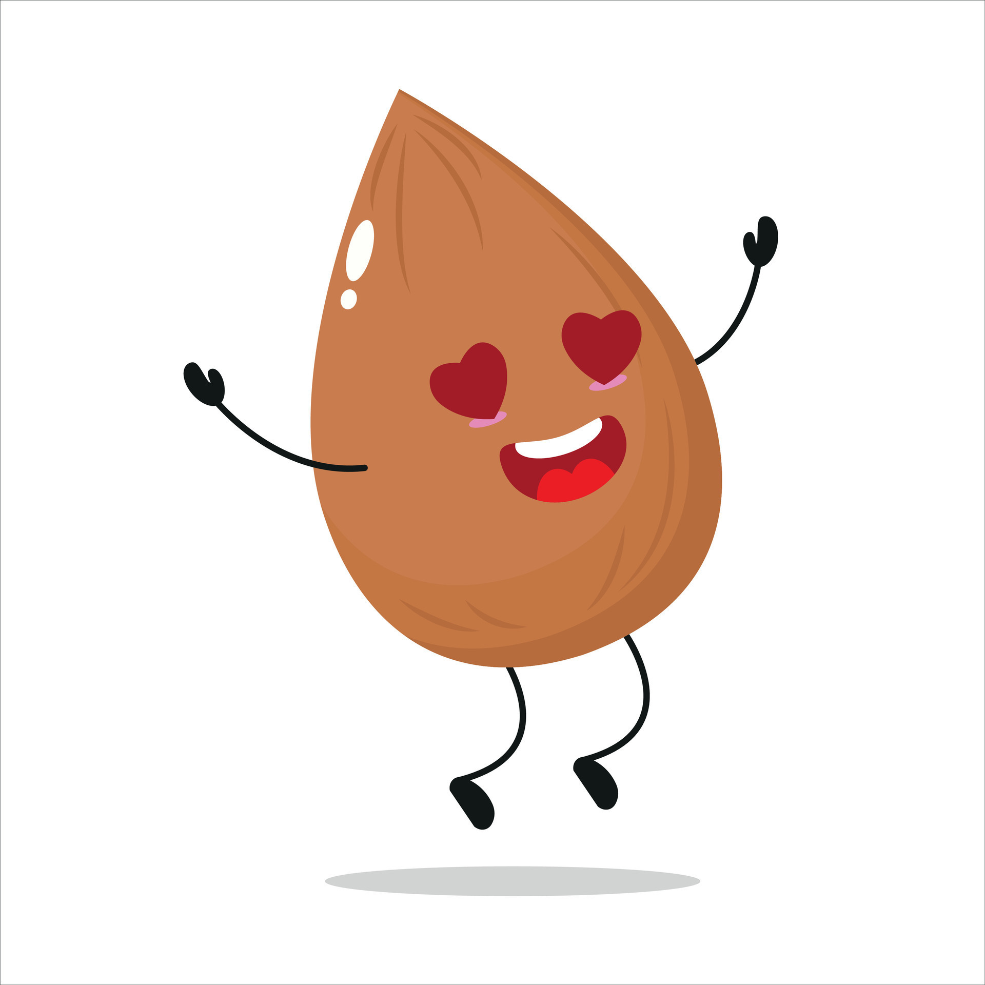 Cute happy almond character. Funny fall in love almond cartoon emoticon