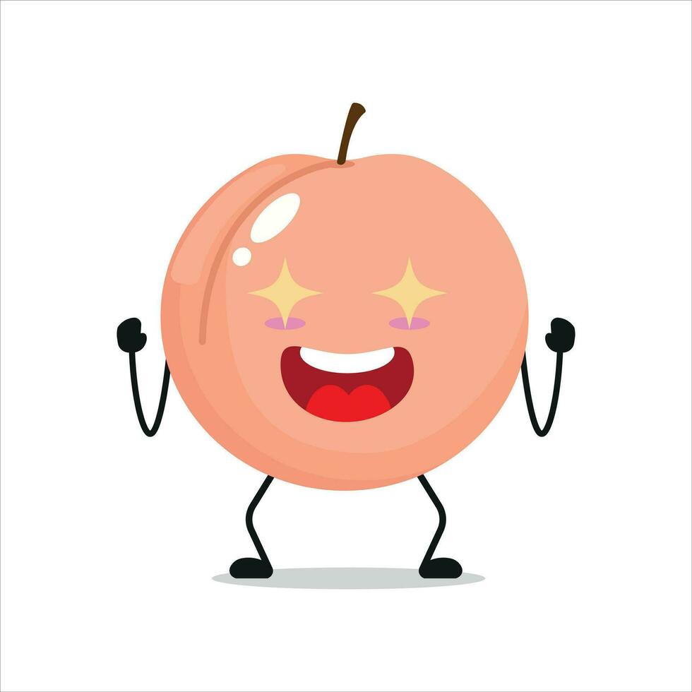 linda emocionado melocotón personaje. gracioso electrizante melocotón dibujos animados emoticon en plano estilo. Fruta emoji vector ilustración