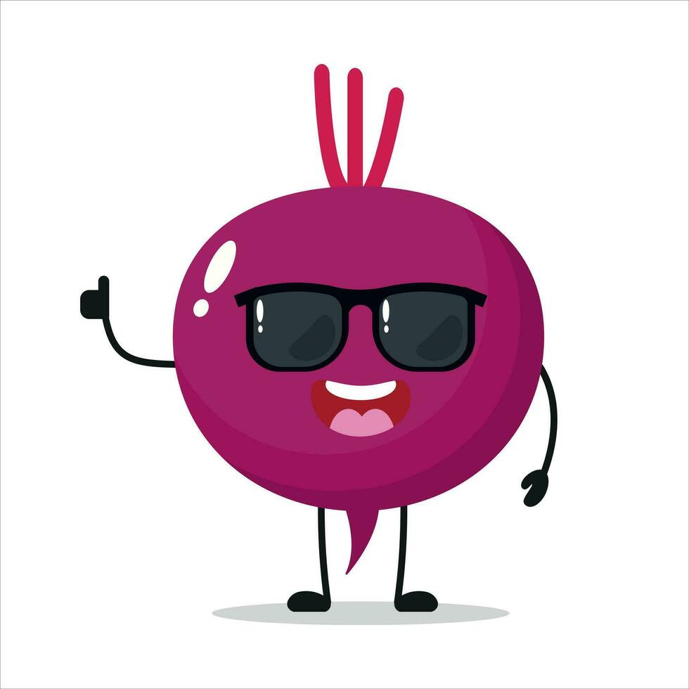 Cool happy beet character wear sunglasses. Funny beet greet friend cartoon emoticon in flat style. vegetable emoji vector illustration