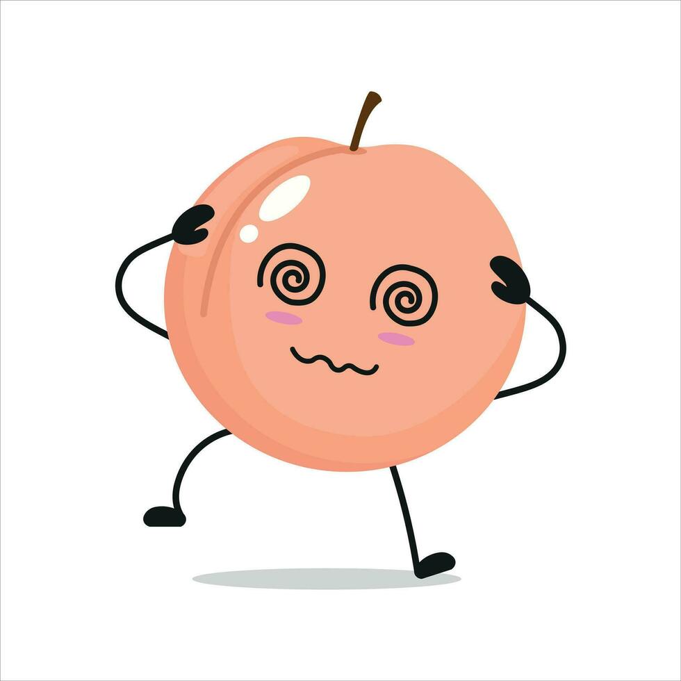 Cute dizzy peach character. Funny drunk peach cartoon emoticon in flat style. Fruit emoji vector illustration