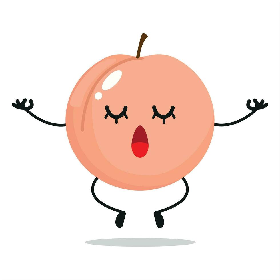 Cute relax peach character. Funny yoga peach cartoon emoticon in flat style. Fruit emoji meditation vector illustration