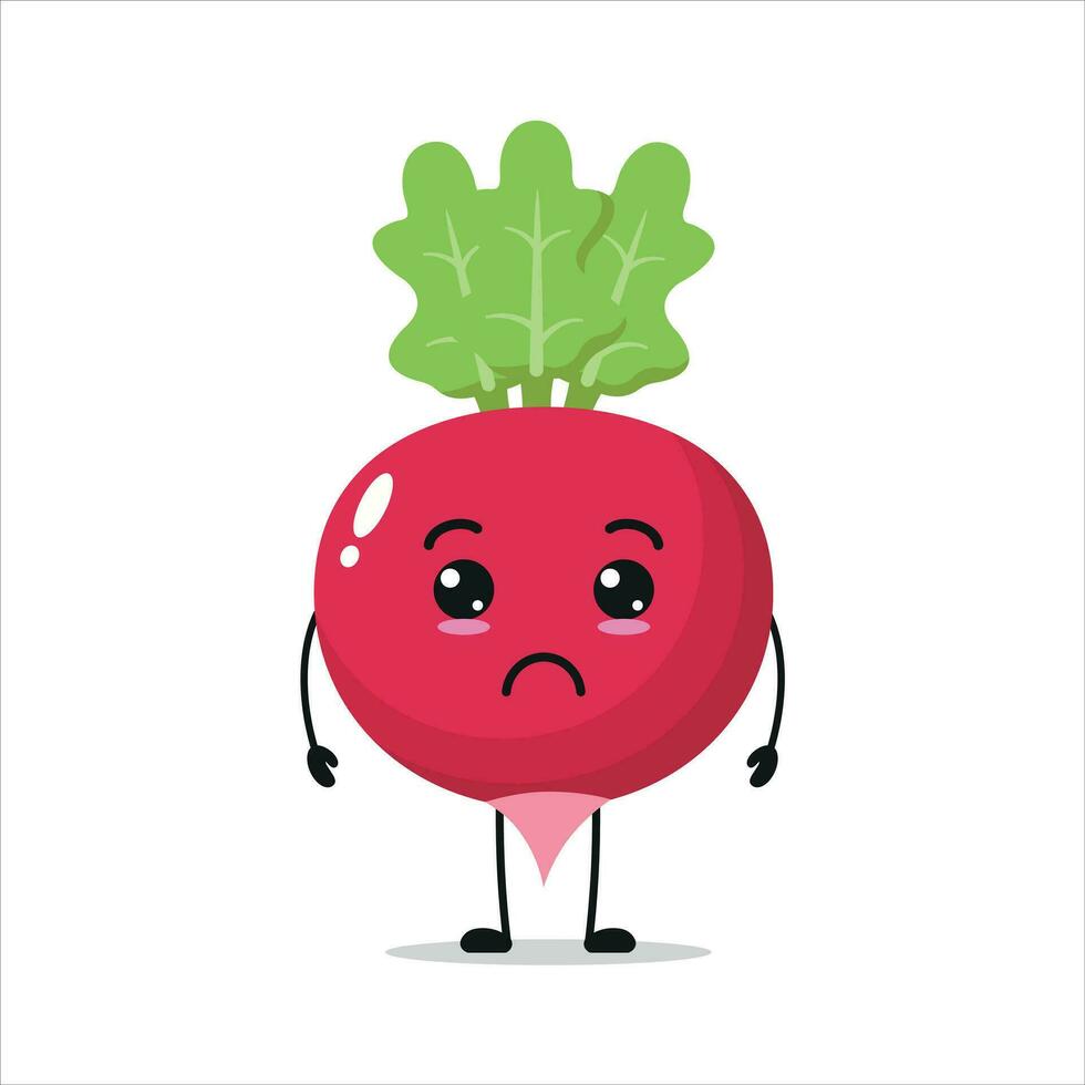 Cute sad radish character. Funny unhappy radish cartoon emoticon in flat style. vegetable emoji vector illustration