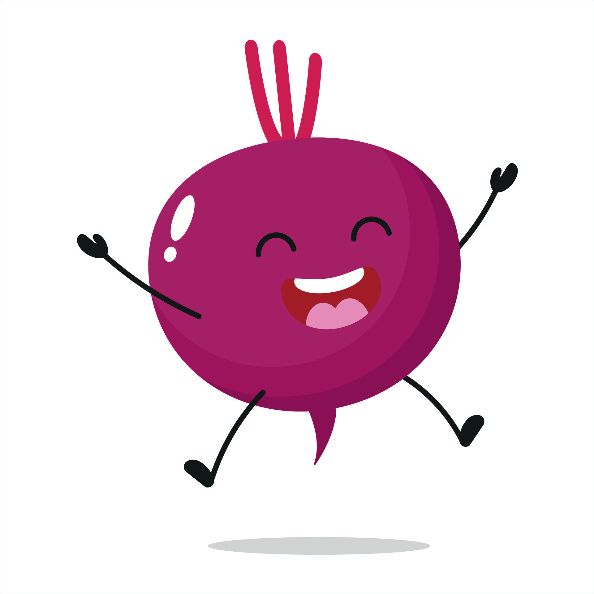 Cute happy beet character. Funny jump beet cartoon emoticon in flat