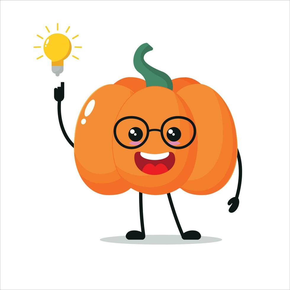 Cute smart pumpkin character. Funny pumpkin got inspiration idea cartoon emoticon in flat style. vegetable emoji vector illustration