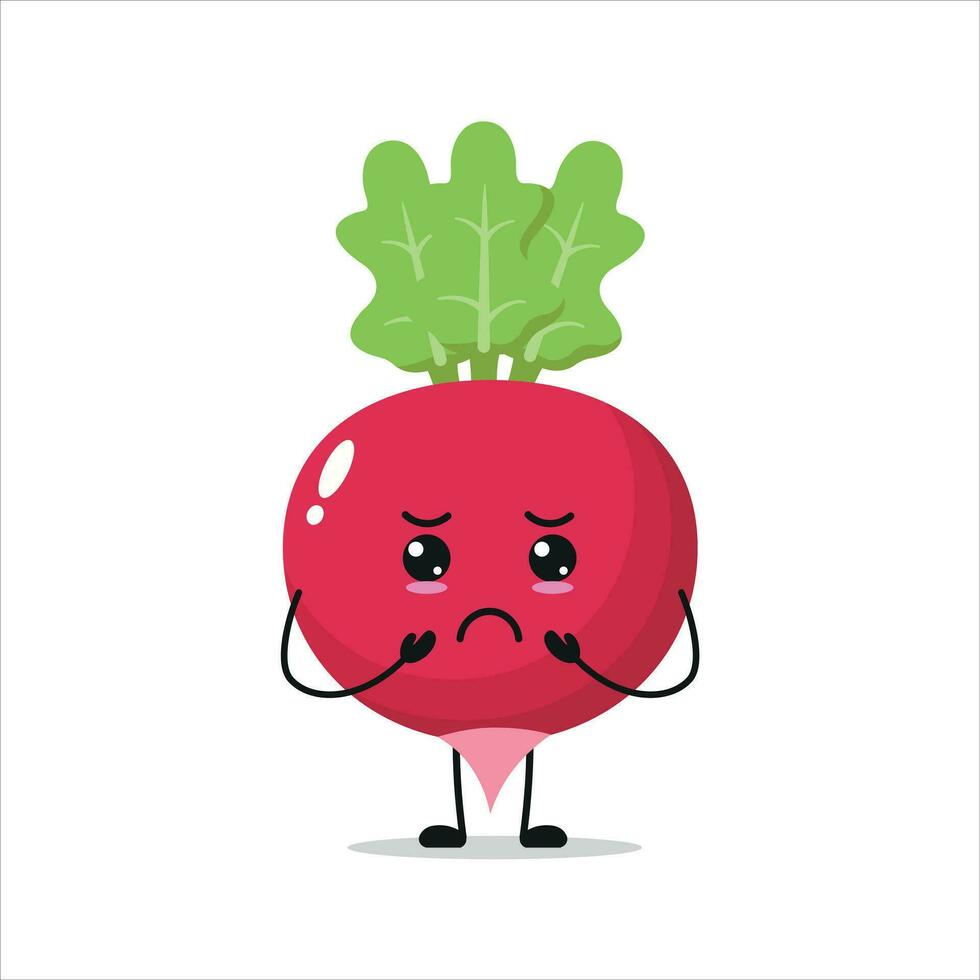 Cute gloomy radish character. Funny sad radish cartoon emoticon in flat style. vegetable emoji vector illustration