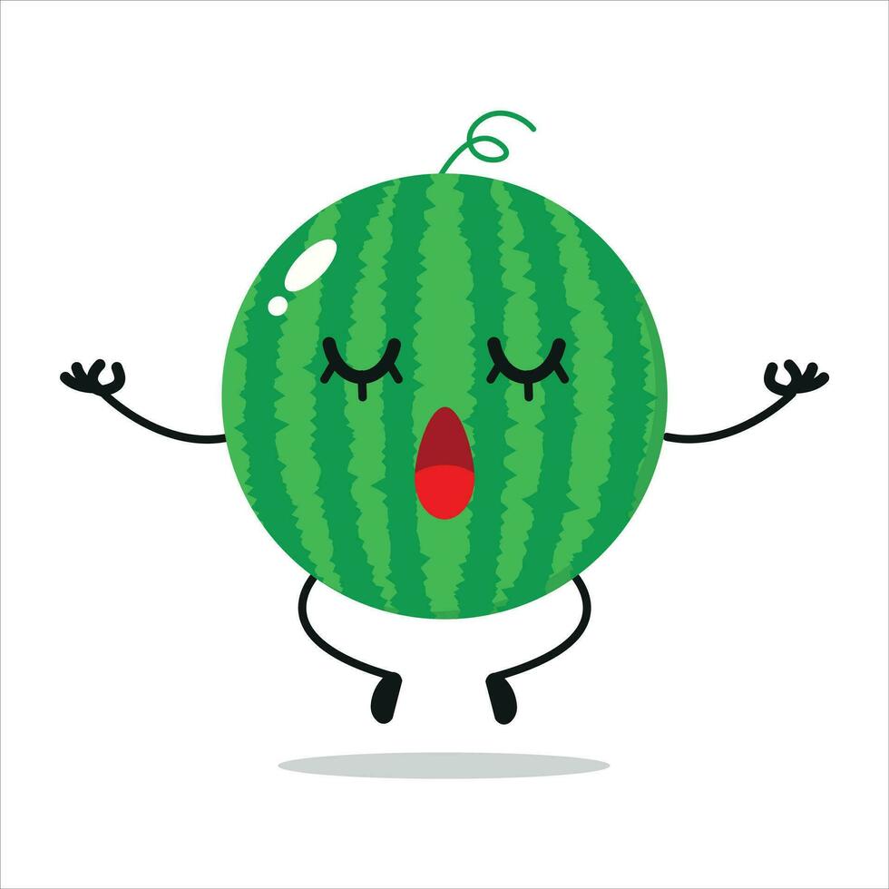 Cute relax watermelon character. Funny yoga watermelon cartoon emoticon in flat style. Fruit emoji meditation vector illustration