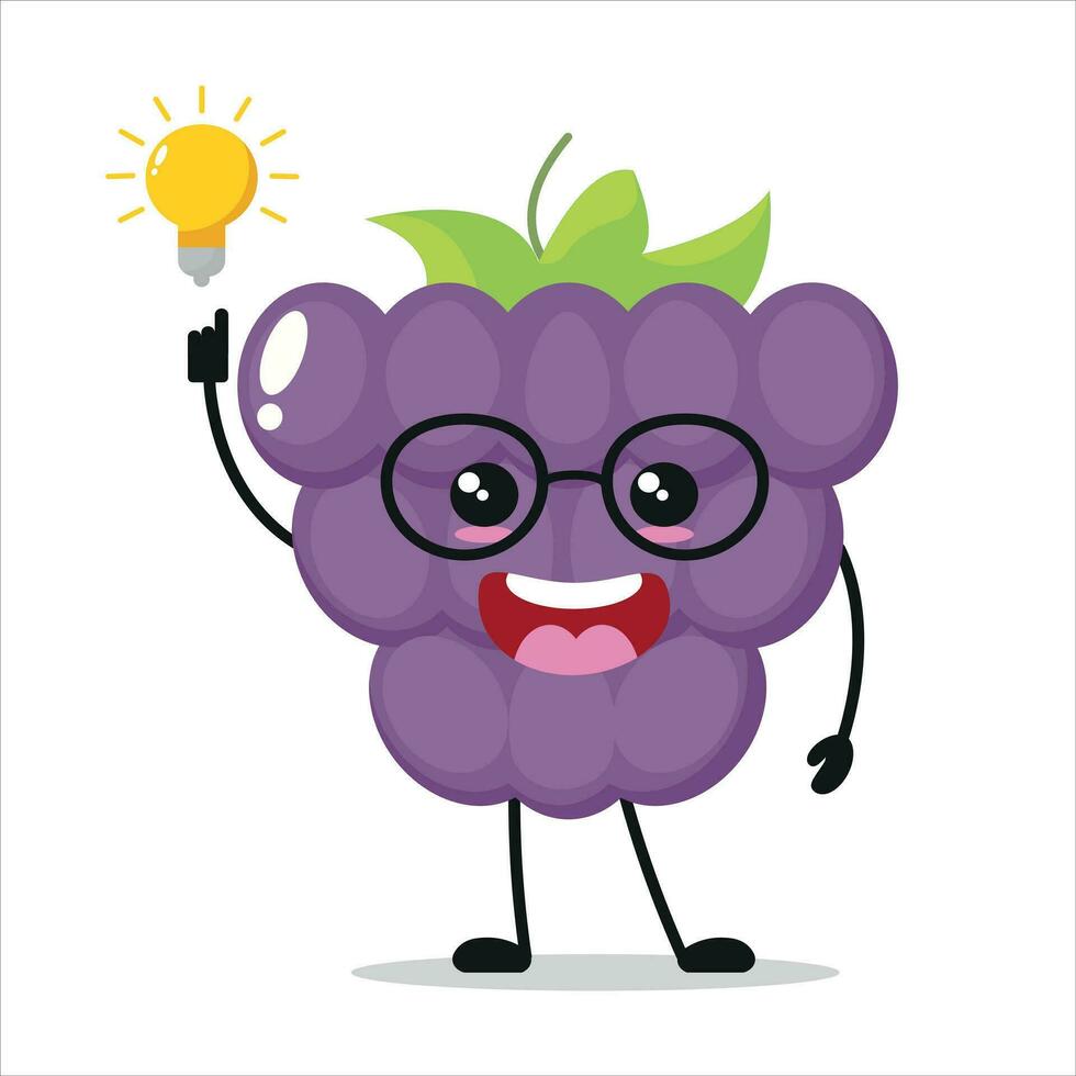 Cute smart grape character. Funny grape got inspiration idea cartoon emoticon in flat style. Fruit emoji vector illustration