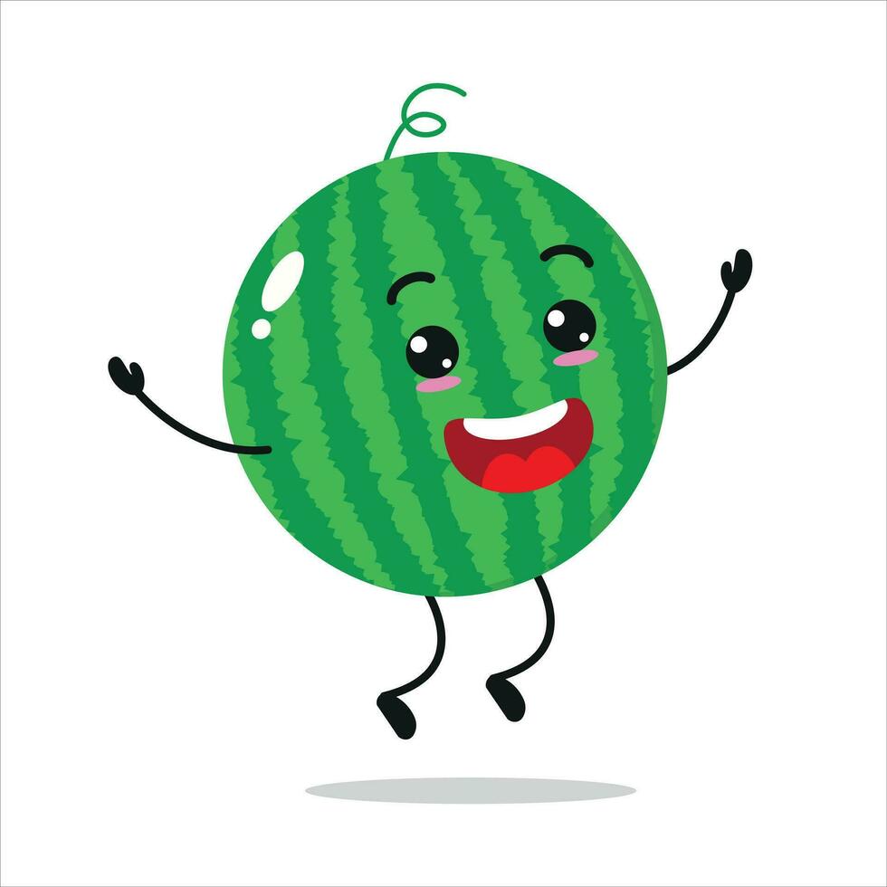 Cute happy watermelon character. Funny jump watermelon cartoon emoticon in flat style. Fruit emoji vector illustration