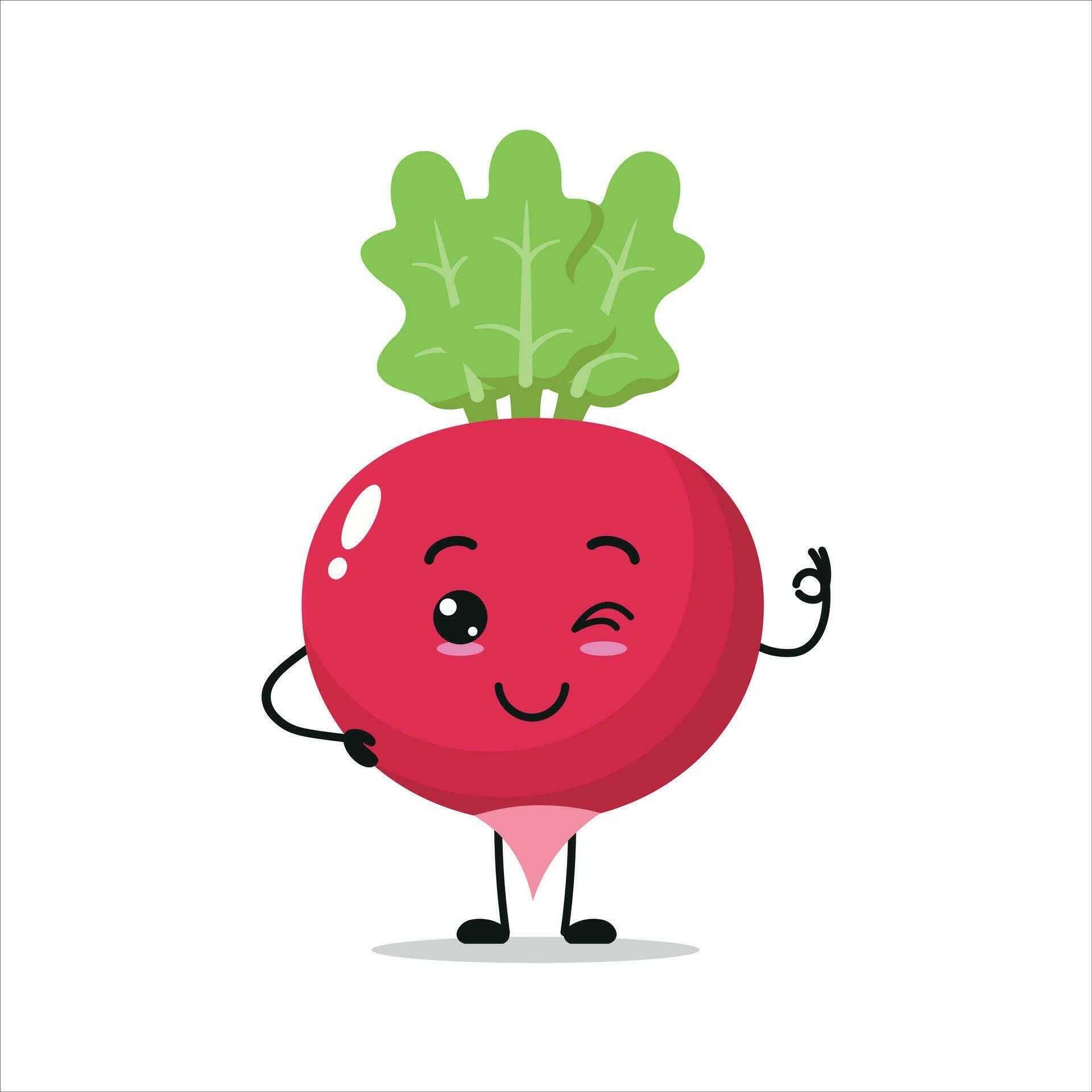 Cute happy radish character. Funny smiling and blink radish cartoon emoticon in flat style