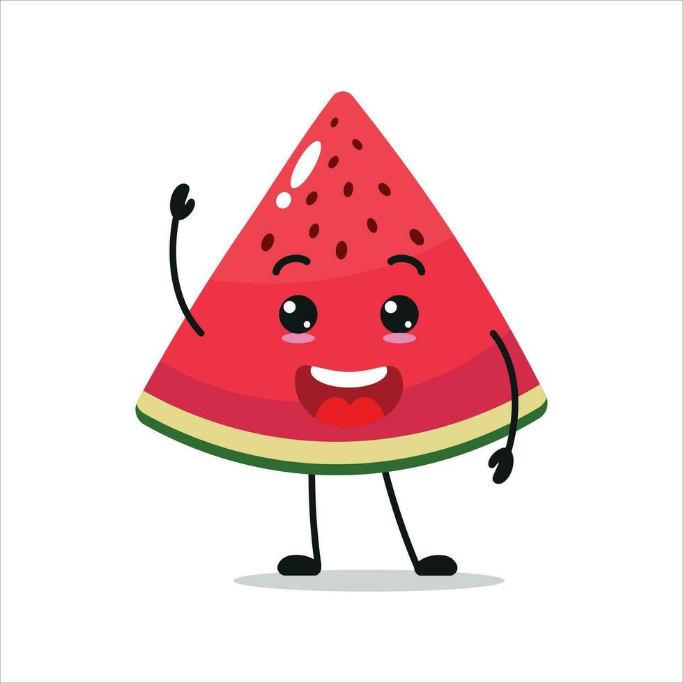 linda contento rebanada sandía personaje. gracioso rebanada sandía saludo dibujos animados emoticon en plano estilo. Fruta emoji vector ilustración