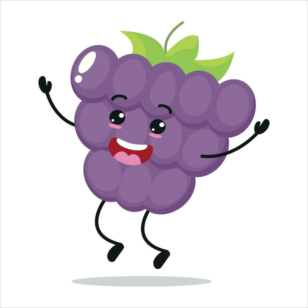 Cute happy grape character. Funny celebration jump grape cartoon emoticon in flat style. Fruit emoji vector illustration