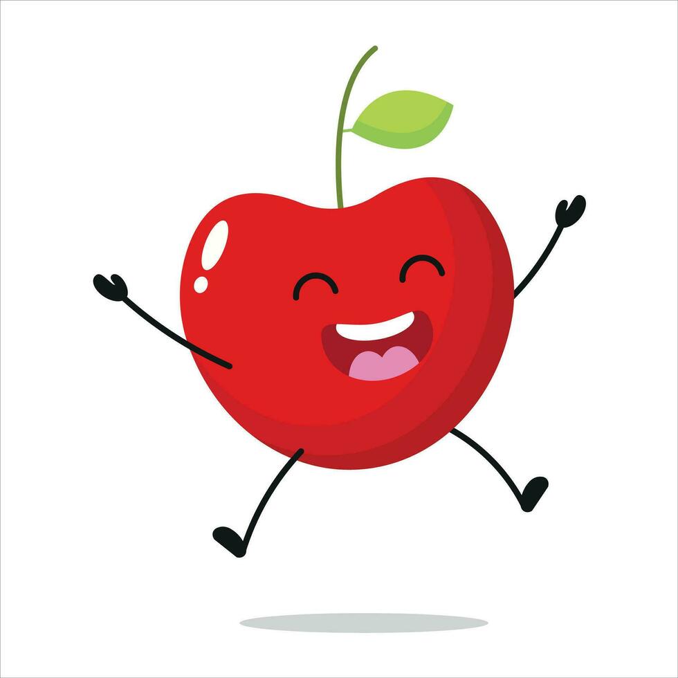 linda contento Cereza personaje. gracioso saltar Cereza dibujos animados emoticon en plano estilo. Fruta emoji vector ilustración