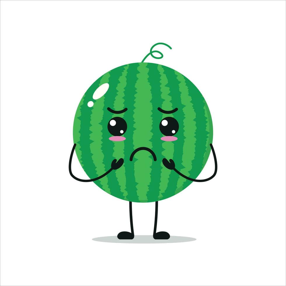 Cute gloomy watermelon character. Funny sad watermelon cartoon emoticon in flat style. Fruit emoji vector illustration