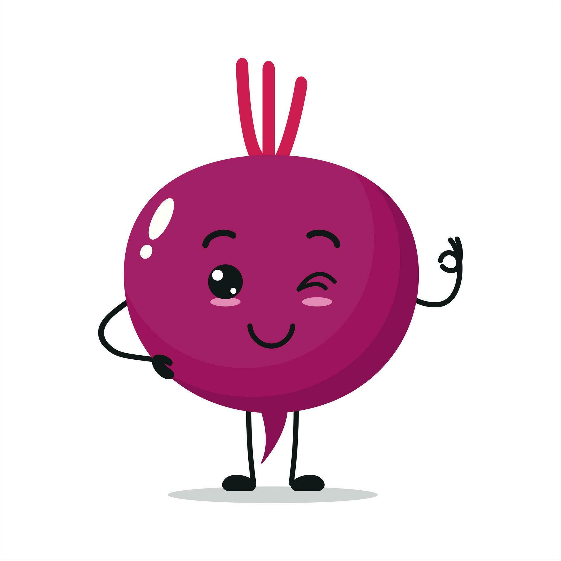 Cute happy beet character. Funny smiling and blink beet cartoon