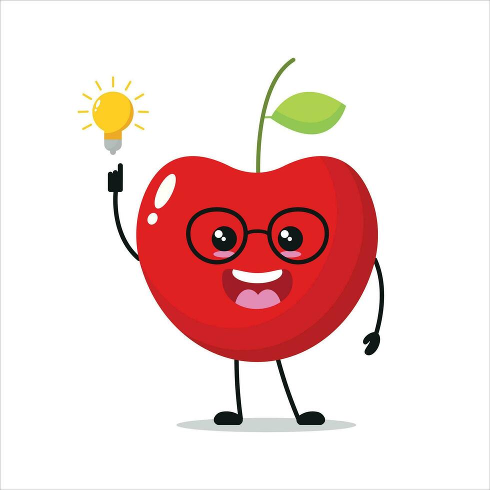 Cute smart cherry character. Funny cherry got inspiration idea cartoon emoticon in flat style. Fruit emoji vector illustration