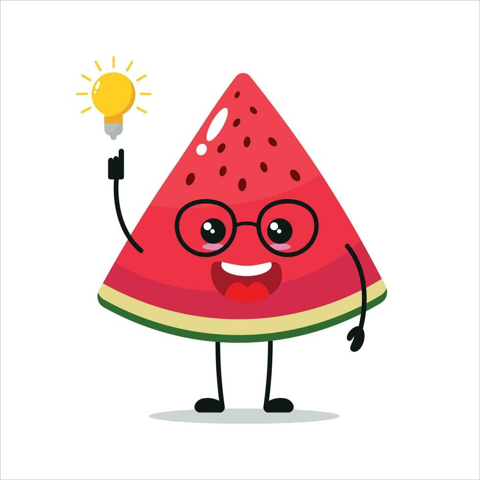 Cute smart slice watermelon character. Funny slice watermelon got inspiration idea cartoon emoticon in flat style. Fruit emoji vector illustration