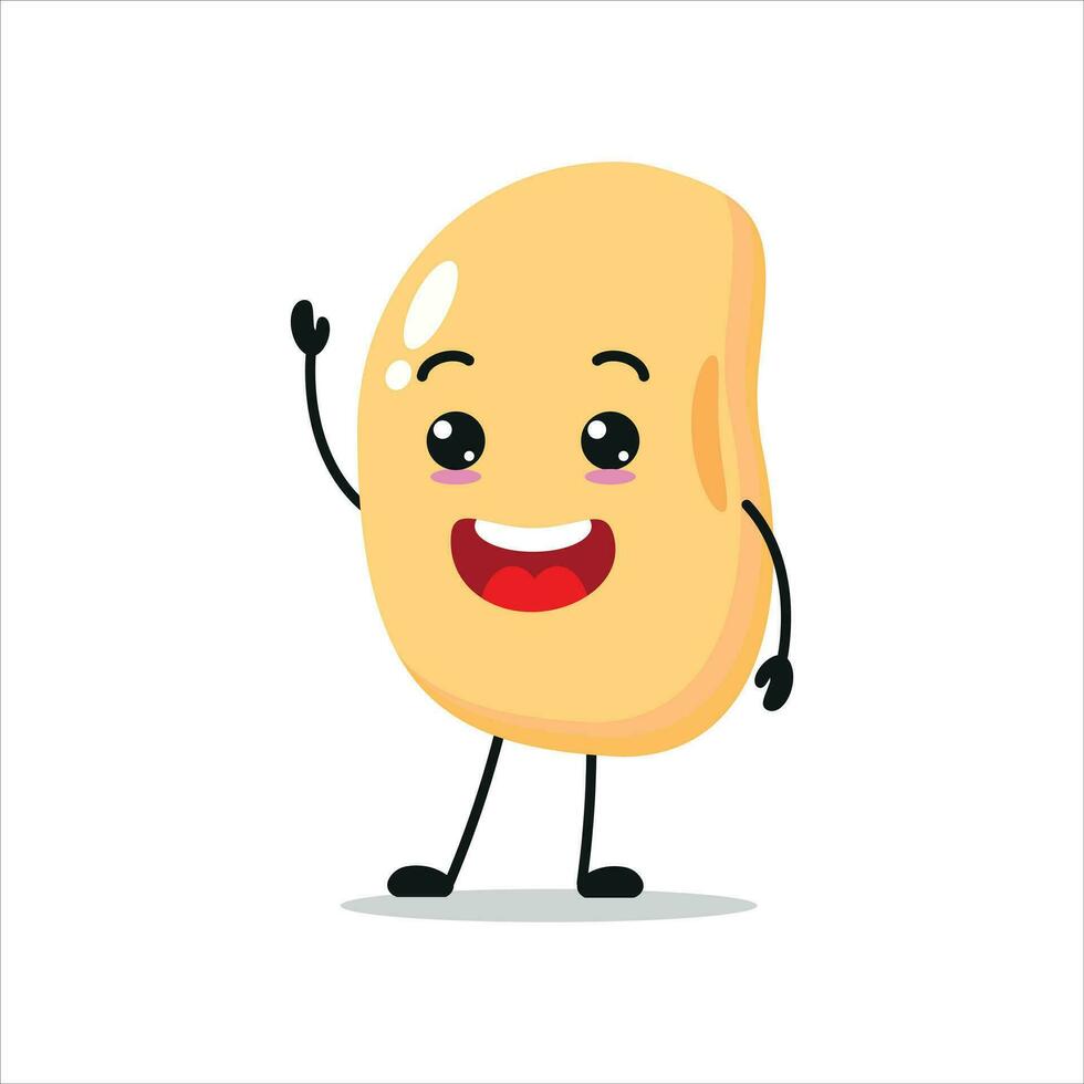 Cute happy soybean character. Smiling and greet soybean cartoon emoticon in flat style. vegetable emoji vector illustration