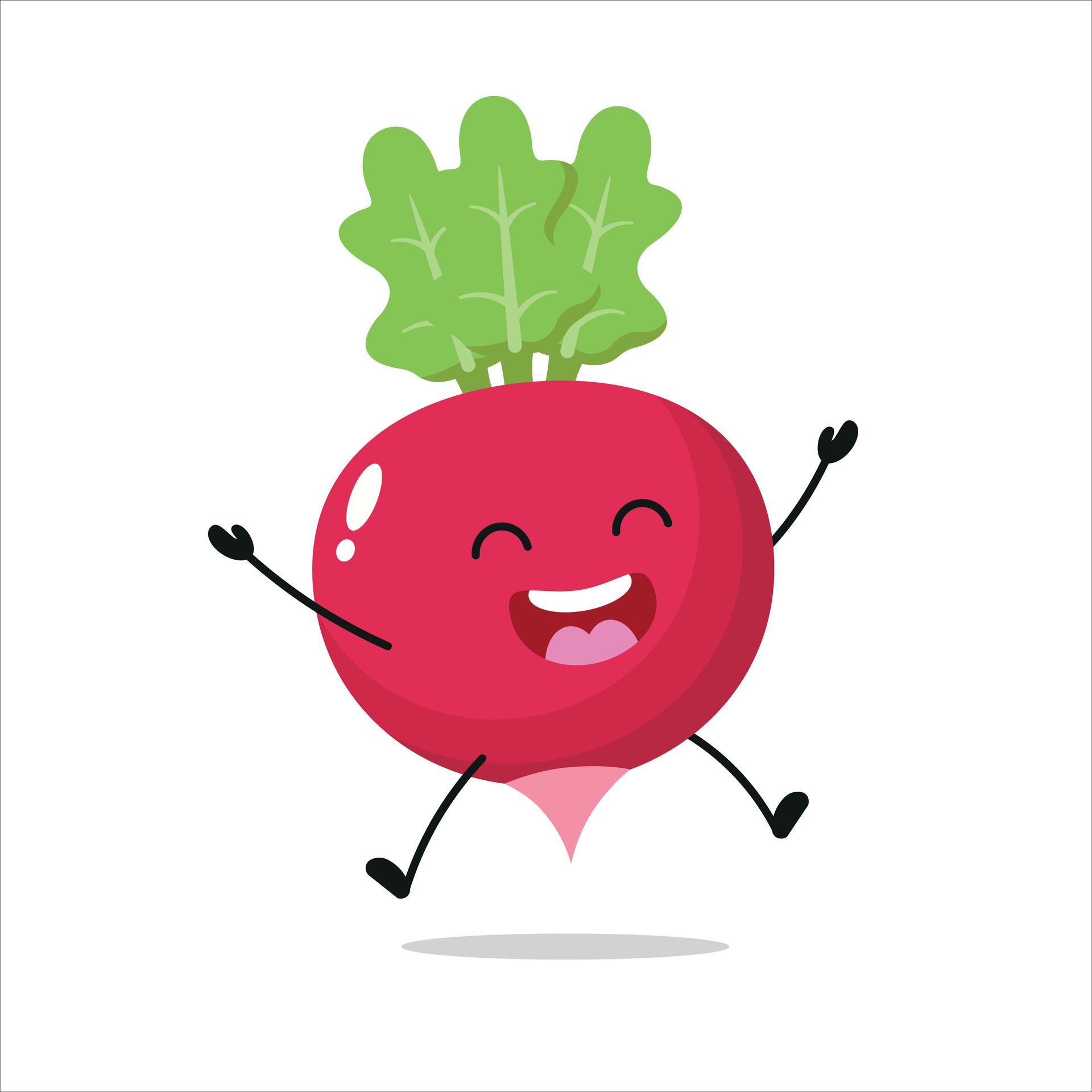 Cute happy radish character. Funny jump radish cartoon emoticon in flat style. vegetable emoji