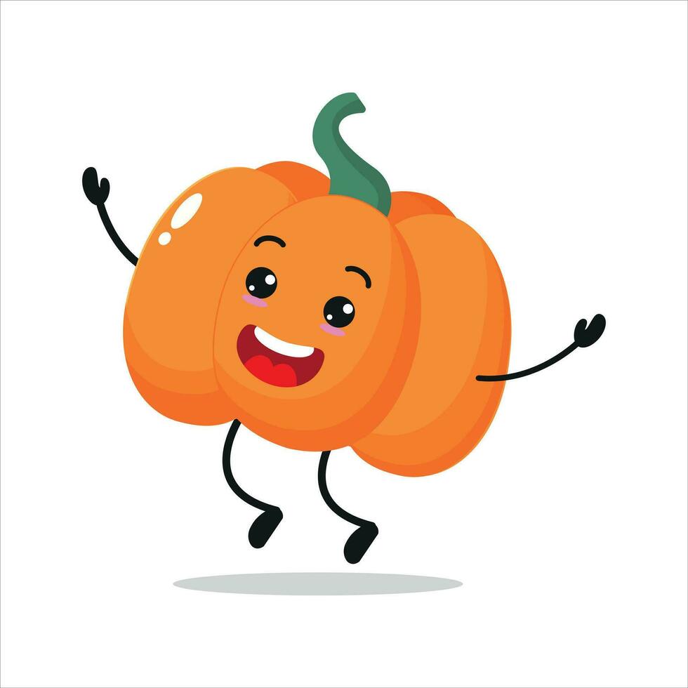 Cute happy pumpkin character. Funny jump pumpkin cartoon emoticon in flat style. vegetable emoji vector illustration
