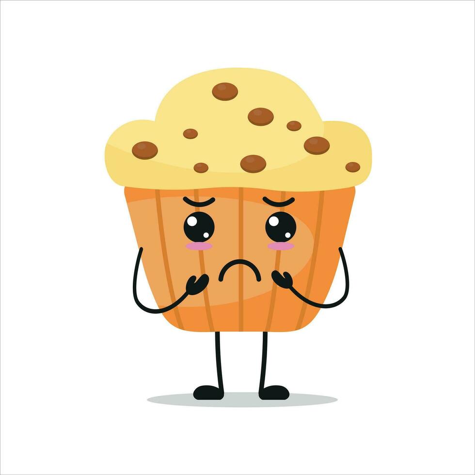 Cute gloomy muffin character. Funny sad cupcake cartoon emoticon in flat style. bakery emoji vector illustration