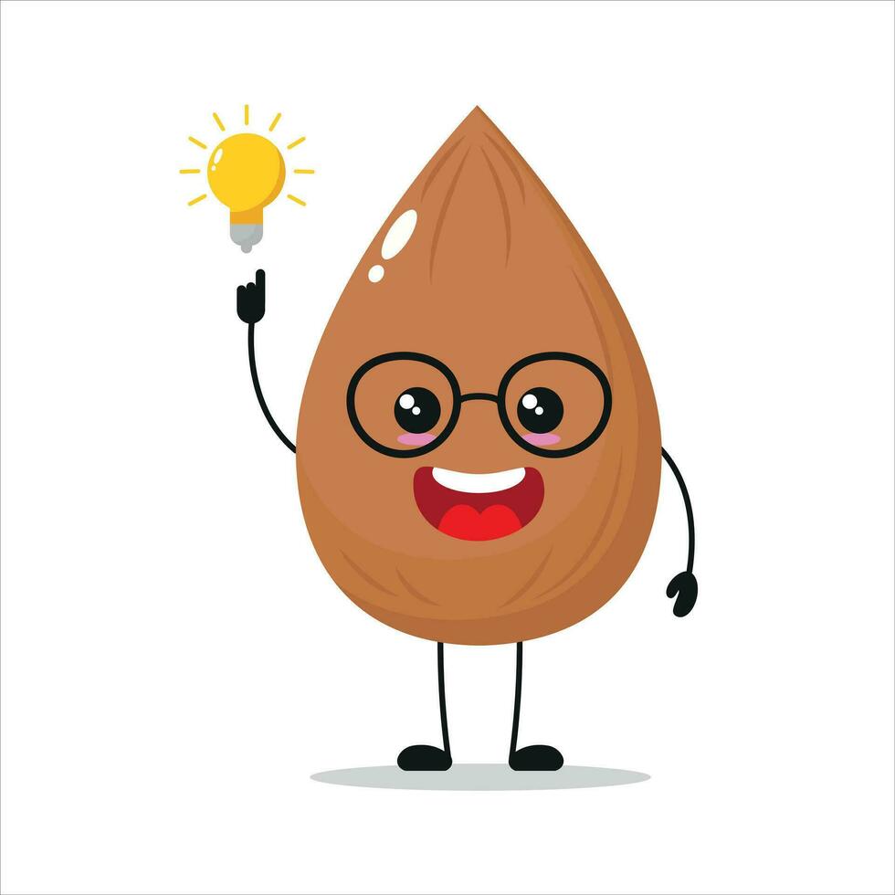 Cute smart almond character. Funny almond got inspiration idea cartoon emoticon in flat style. vegetable emoji vector illustration