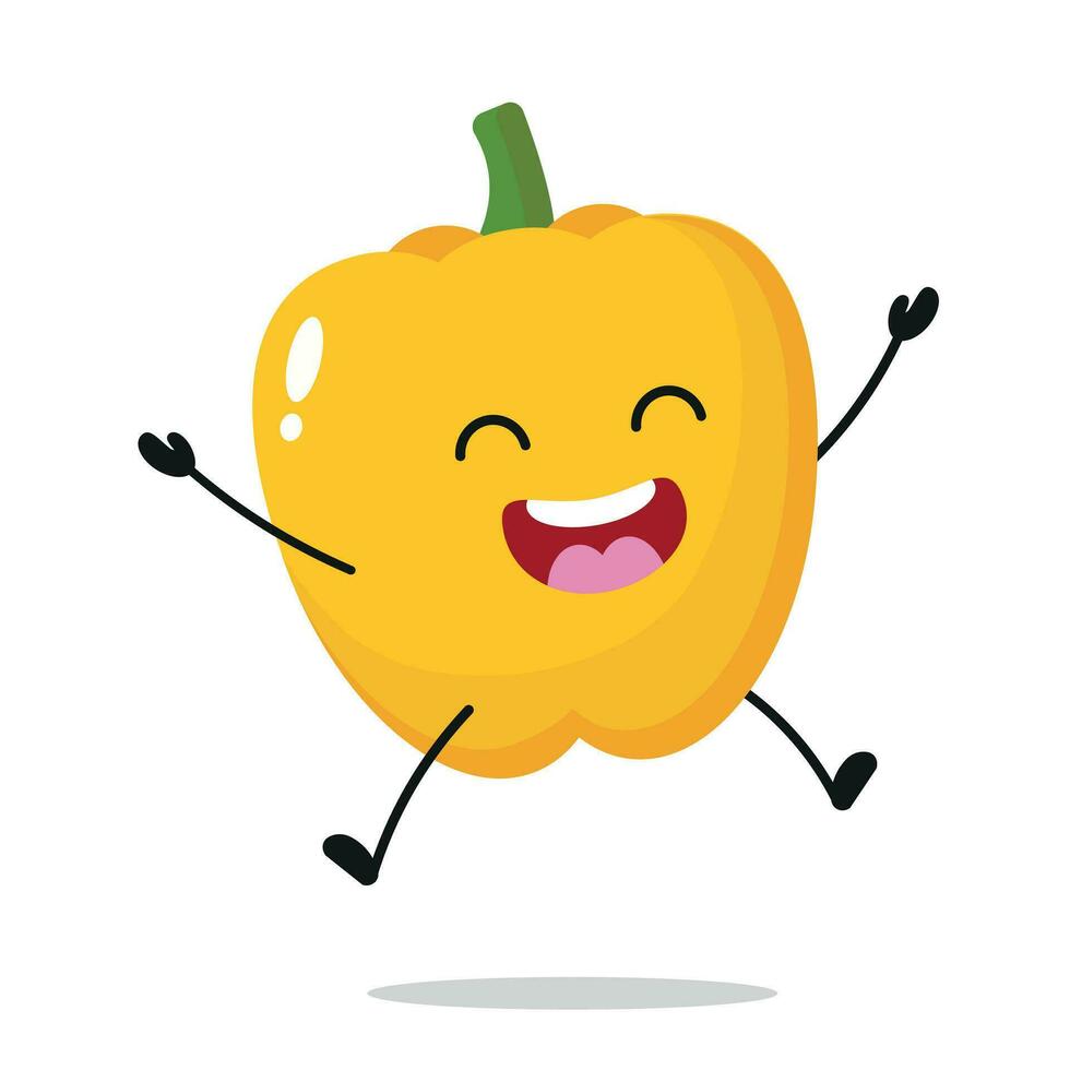 Cute happy yellow paprika character. Funny celebration jump paprika cartoon emoticon in flat style. vegetable emoji vector illustration