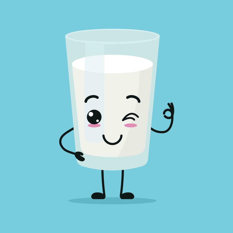 linda contento Leche vaso personaje. gracioso sonriente y parpadeo Leche dibujos animados emoticon en plano estilo. lechería emoji vector ilustración