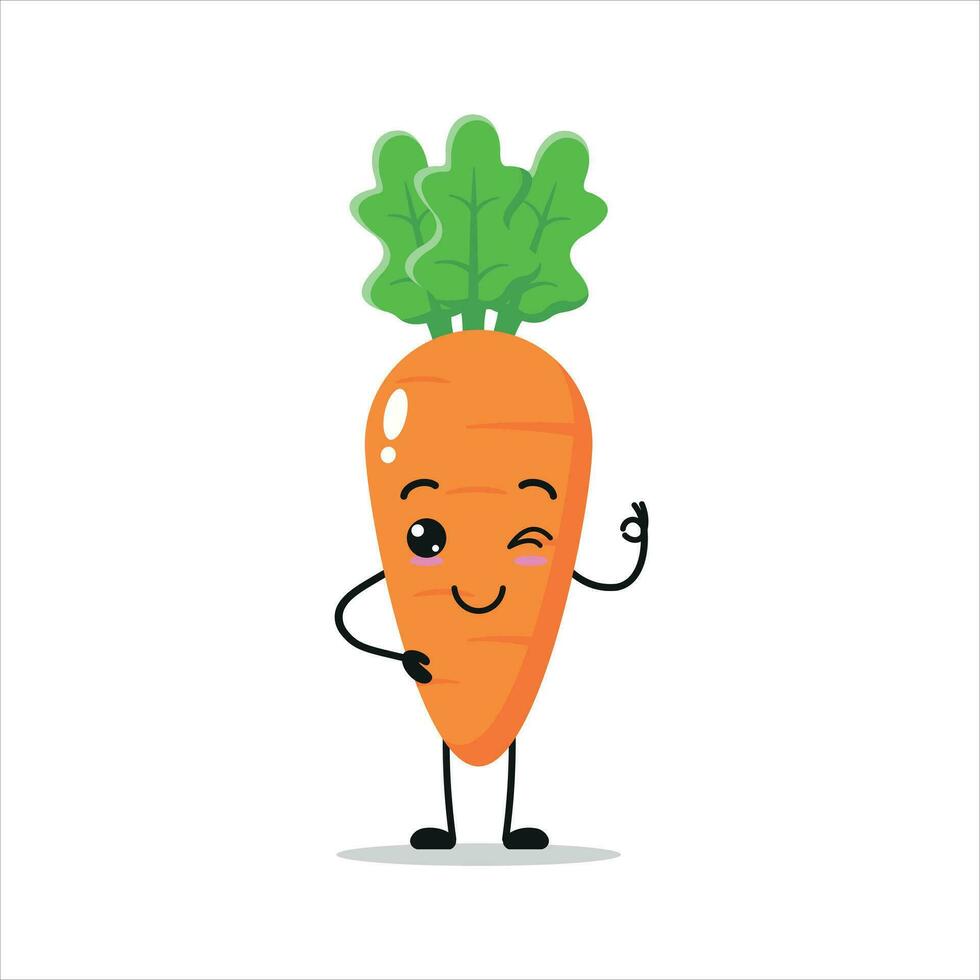 linda contento Zanahoria personaje. gracioso sonriente y parpadeo Zanahoria dibujos animados emoticon en plano estilo. vegetal emoji vector ilustración