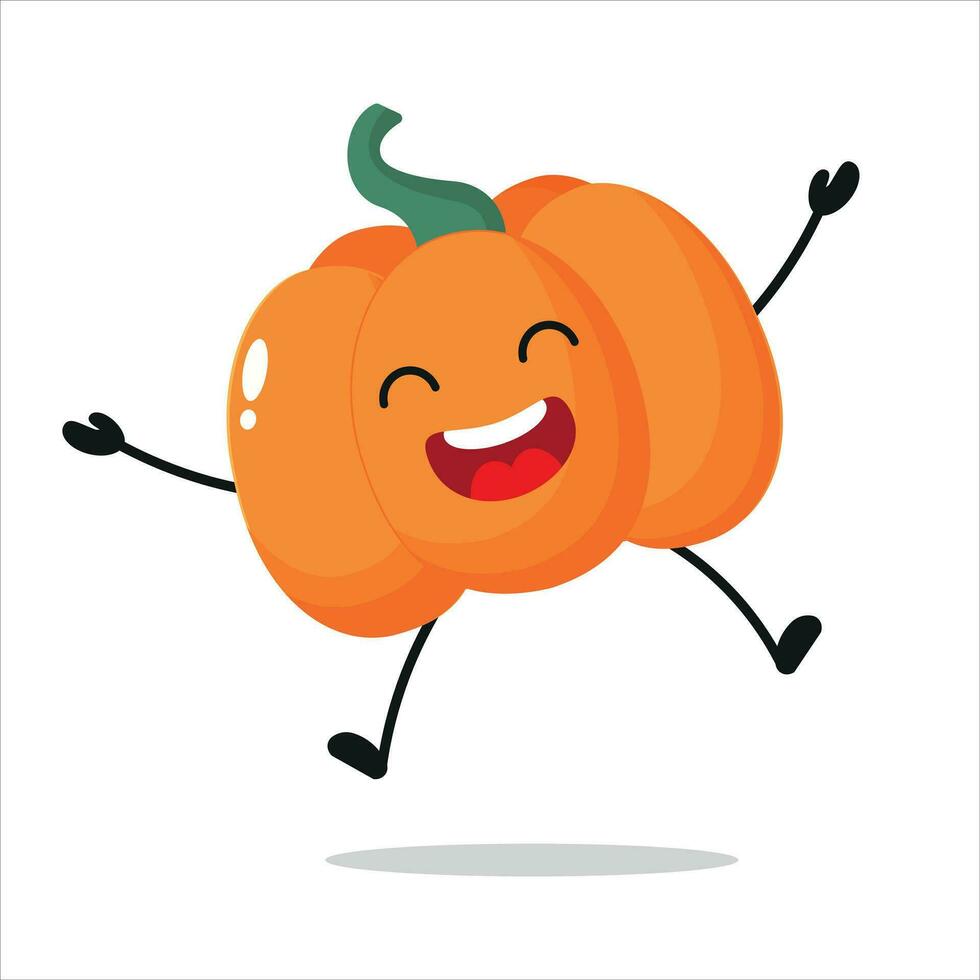Cute happy pumpkin character. Funny victory celebration jump pumpkin cartoon emoticon in flat style. vegetable emoji vector illustration