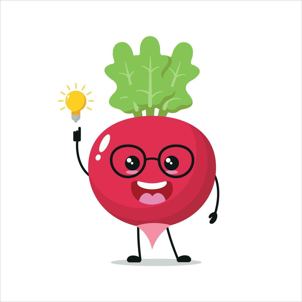 Cute smart radish character. Funny radish got inspiration idea cartoon emoticon in flat style. vegetable emoji vector illustration