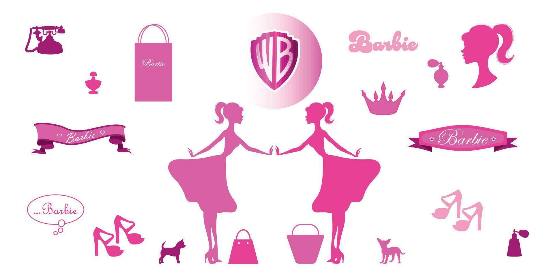 A set of silhouette images of Barbie with elements vector