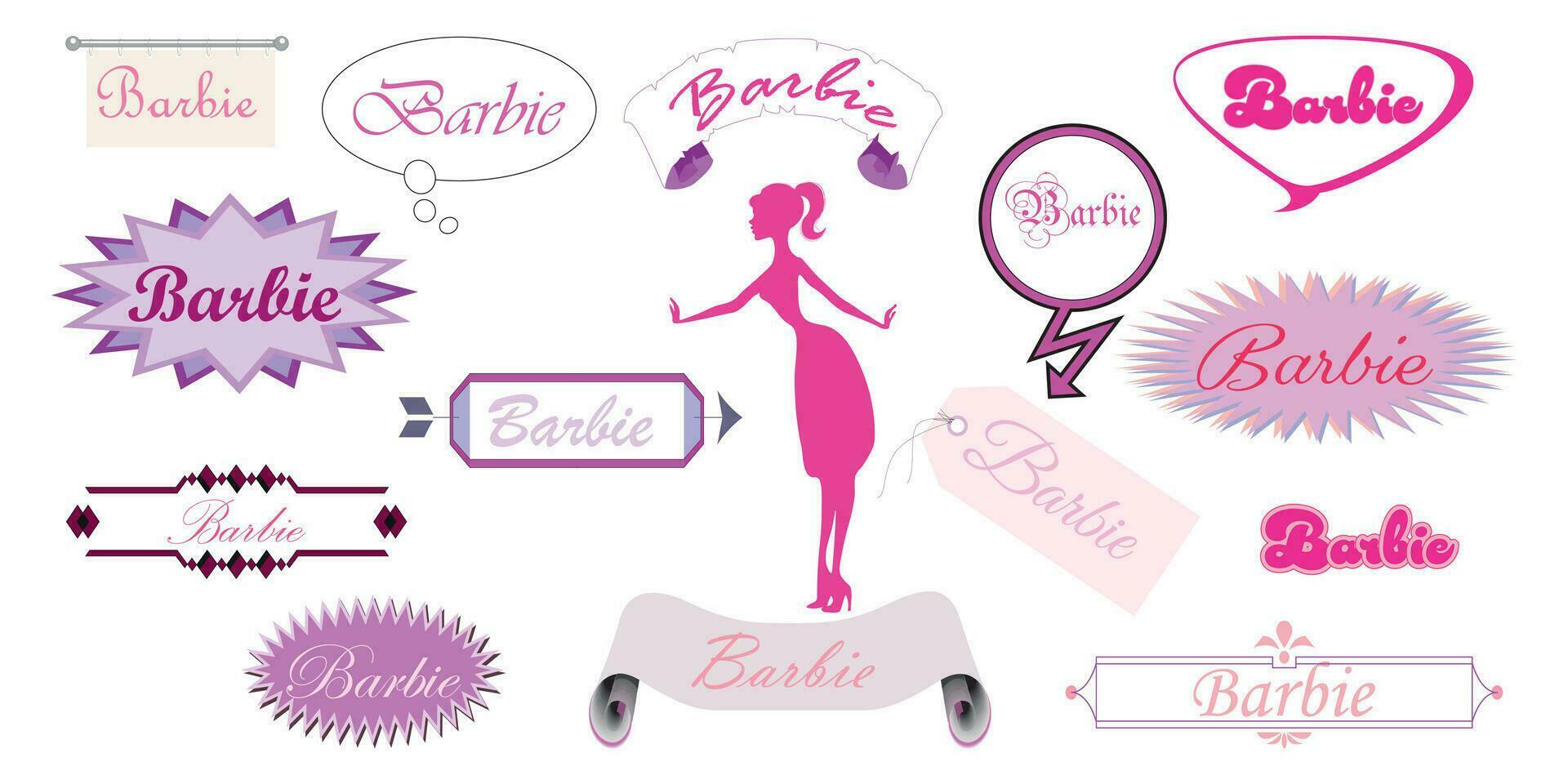 banners, labels, signs with the inscription Barbie with a variety of handwritten fonts in pink shades vector