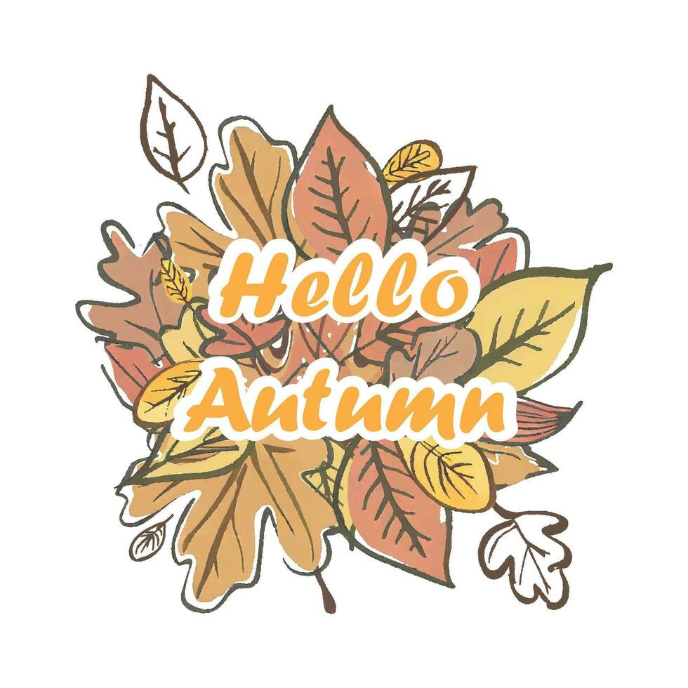 Hola otoño vector imagen con otoño hojas y letras