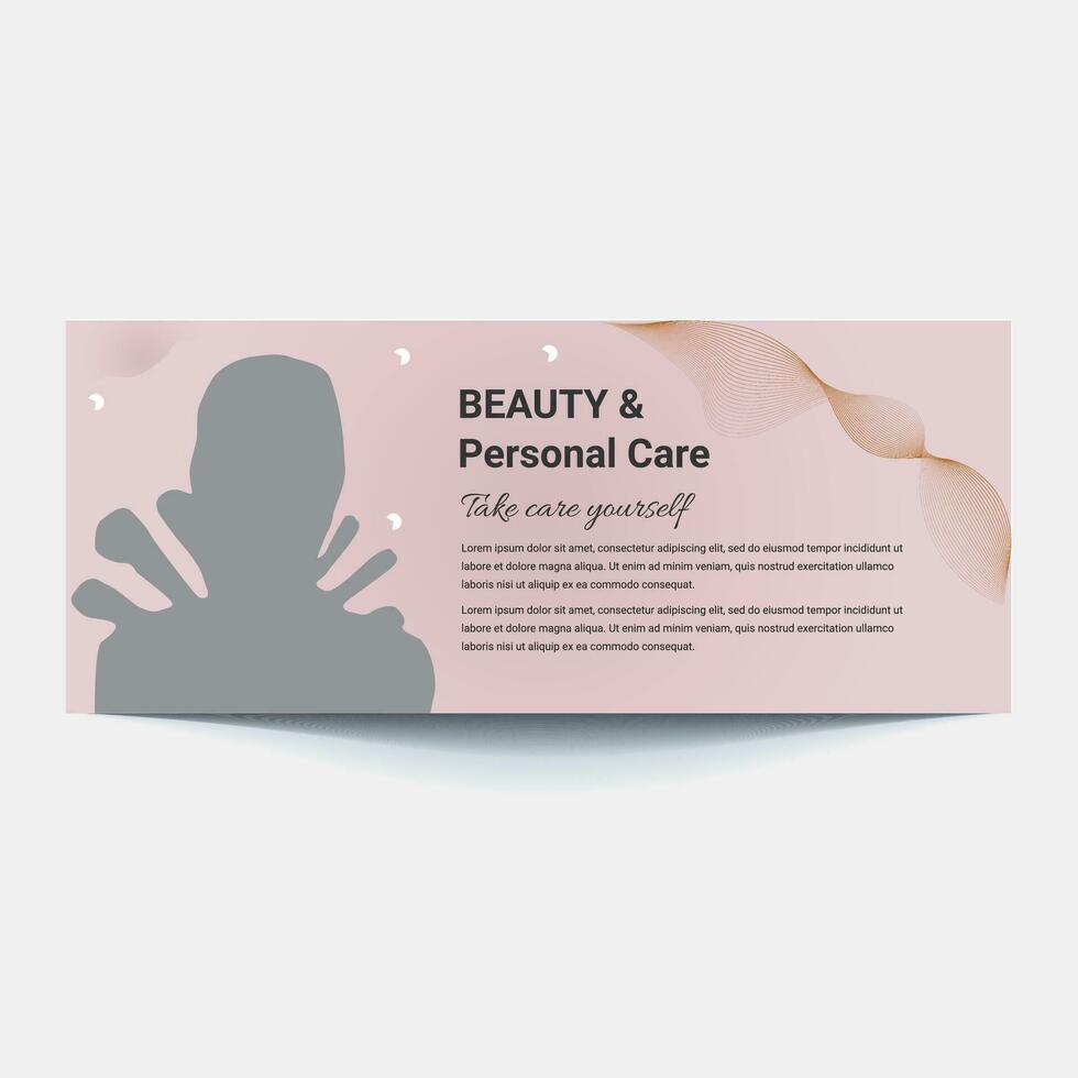 Beauty make up banner template. Cosmetic products on wavy background in nude skin tone colours. Advertising poster design for beauty store, blog, offers and promotion. Vector illustration.