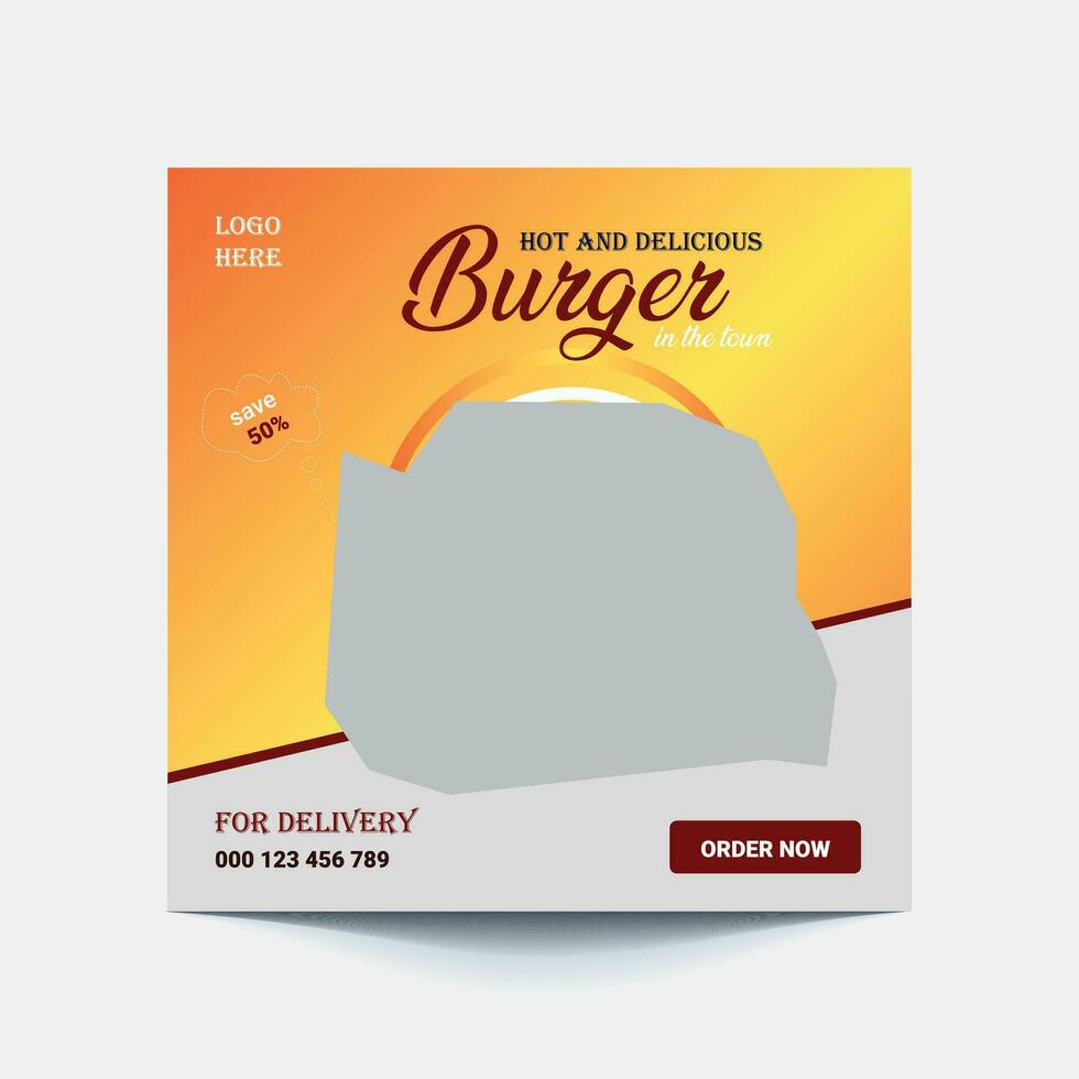 Food social media post template. Restaurant social media banner. Square size. Fast food social media post design vector. High resolution. Burger and delicious social media marketing banner post. vector