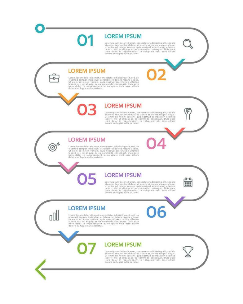 Vertical infographic timeline 7 steps to success. Infographic thin line. Milestone, Roadmap, Timeline. Vector illustration.